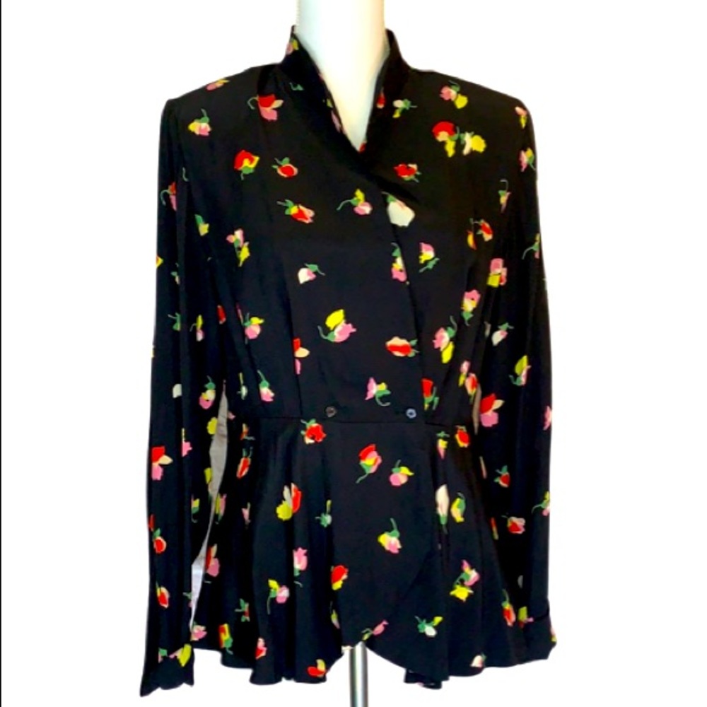 J. Peterman Black floral silk wrap top with Peplum